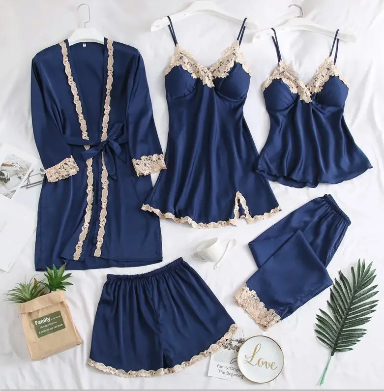 navy blue B Темно-Синие пижамы для женщин, Сексуальная кружевная отделка, ночное белье, атласные пижамы с шортами, 5 шт., пижамы, костюмы, повседневная домашняя одежда - Цвет: navy blue B