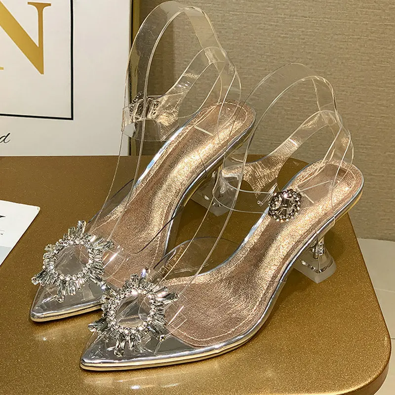 

Plus Size 35-46 2020 New Women Crystal Sandals Summer Transparent Heel Buckle Shoes Woman Young Lady High Heels Dress Sandal