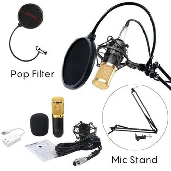 

BM-800 Professional Studio Broadcasting Recording Condenser Microphone with Mental Shock Mount Phone Stand Filter and Sound Card
