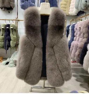 Новинка, зимние женские куртки, длинный жилет из лисьего меха, натуральный Лисий мех, верхняя одежда, модный уличный стиль, повседневные меховые жилеты