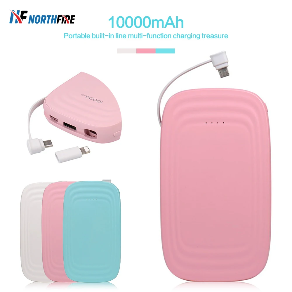 

10000mAh Power Bank Candy Portable Usb Charge External Battery Built-in data cable 2A Fast Charger For iphone Adapters PoverBank