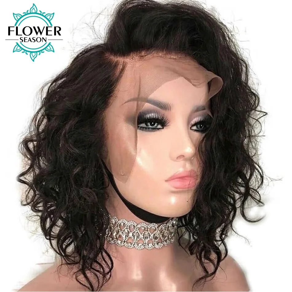 

13*6 Lace Front Wig Pre Plucked Short Human Hair Wigs Water Wave Bob With Baby Hair Indian Remy Hair Natural Black FlowerSeason