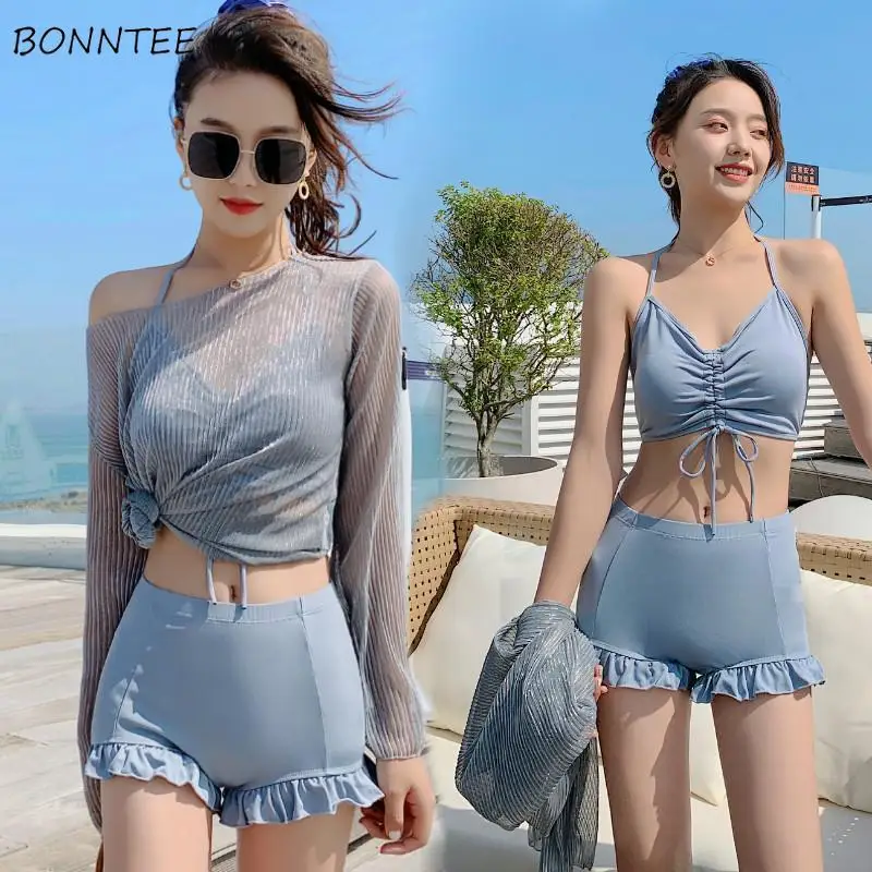 Комплект бикини женский из 3 предметов на бретелях-спагетти плиссированный с