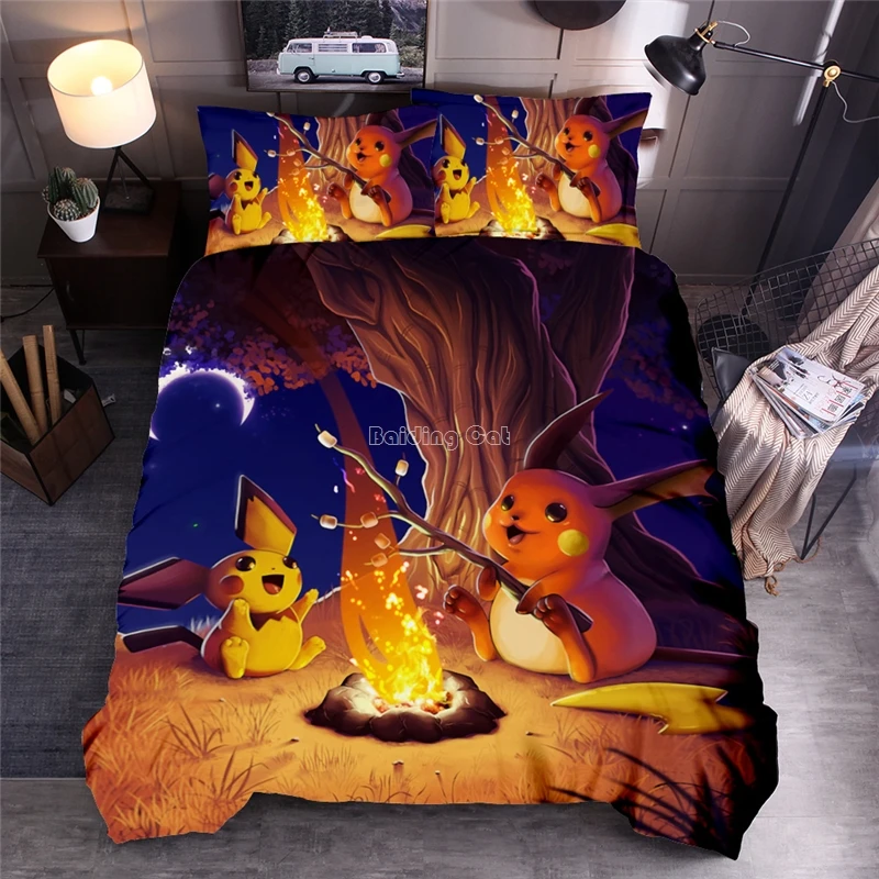 

Night Bonfire Pikachu Animals Bedding Set Children Cartoon Pokemon Pattern Bed Linen Duvet Cover Set Pillowcase Christmas Gifts