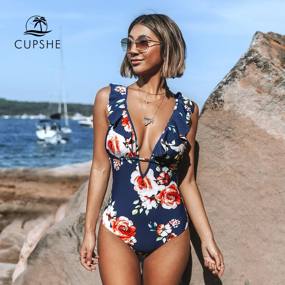 One-Piece Swimsuit CUPSHE Women Monokini Ruffled Floral-Print Sexy Beach Deep V-Neck