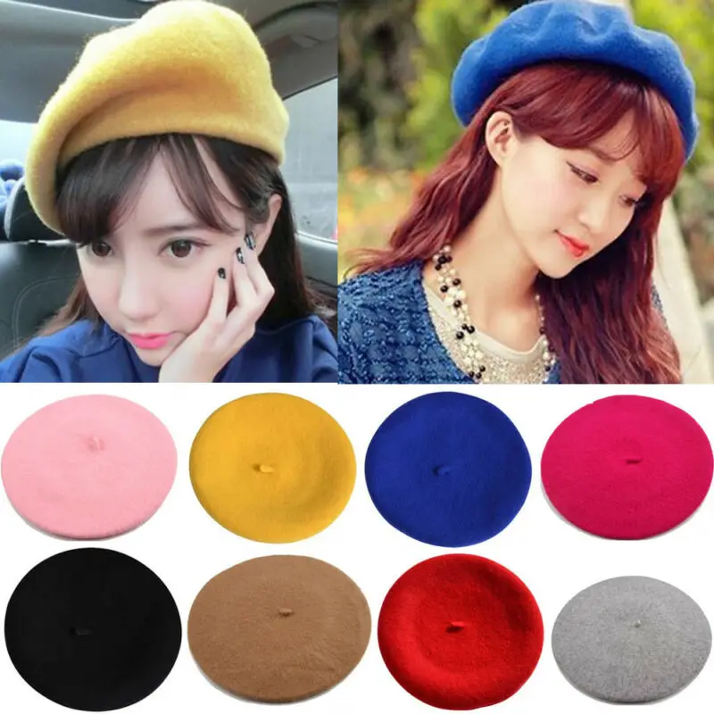 

French Vintage Women Girl Wool Felt Warm Plain Beret Beanie Hat Cap Solid Color Autumn Winter Lady Berets Hats Dropshipping