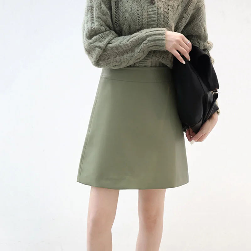 Армейский зеленый Autumn female skirt waist PU casual solid color skirts - Цвет: Армейский зеленый