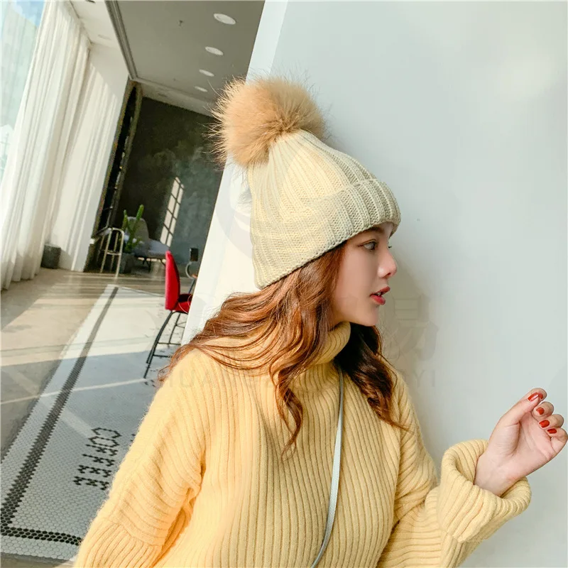 N002-Beige Шапка из меха норки и лисы, зимняя женская шапка, шапка для девочек, вязаные шапочки, фирменная Новинка, толстая женская шапка - Цвет: N002-Beige