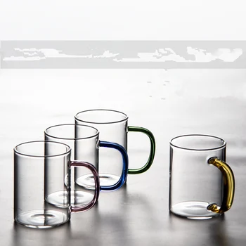 

Set of 2 Transparent color morning water glass with multicolor handle office coffee milk glass cups GLA-03