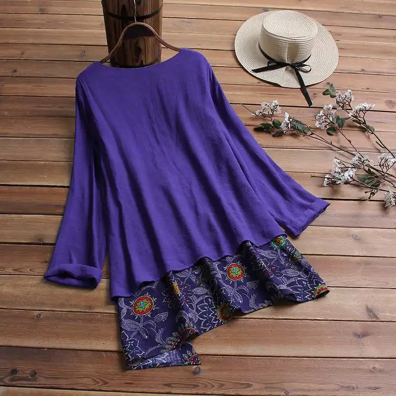 Plus Size Asymmetrical Tunic Women's Print Blouse ZANZEA Fashion Patchwork Tops Long Sleeve Spring Shirts Female Button Blusas