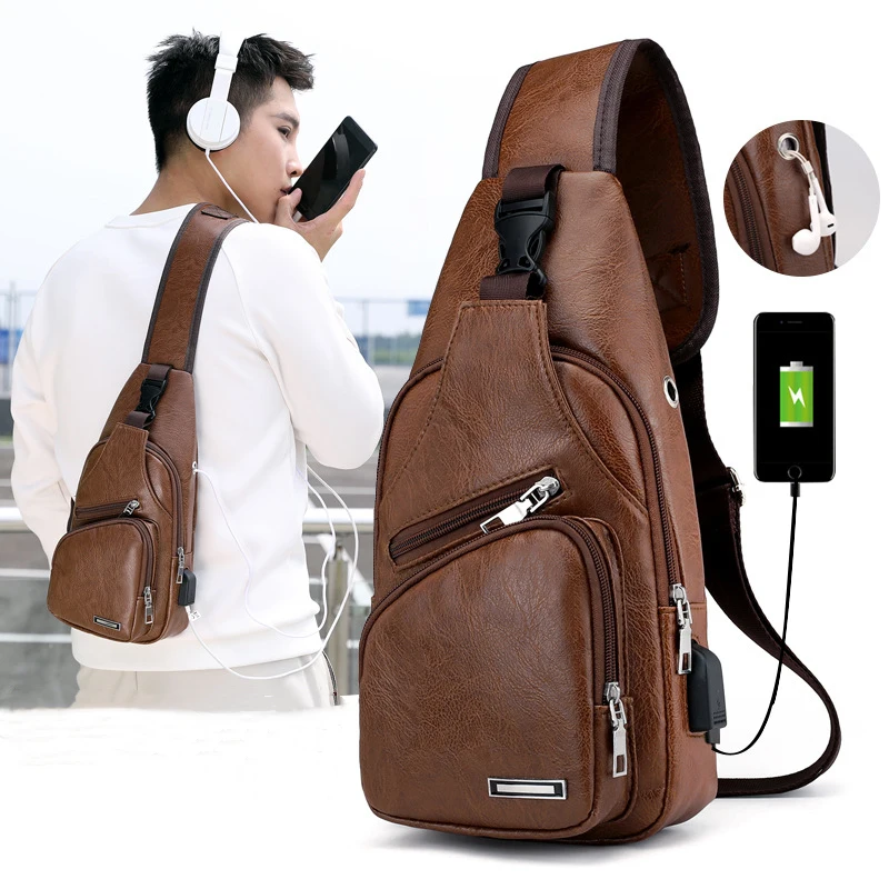 

New Pu waterproof casual shoulder diagonal package men's charging bag sports usb outdoor chest bag