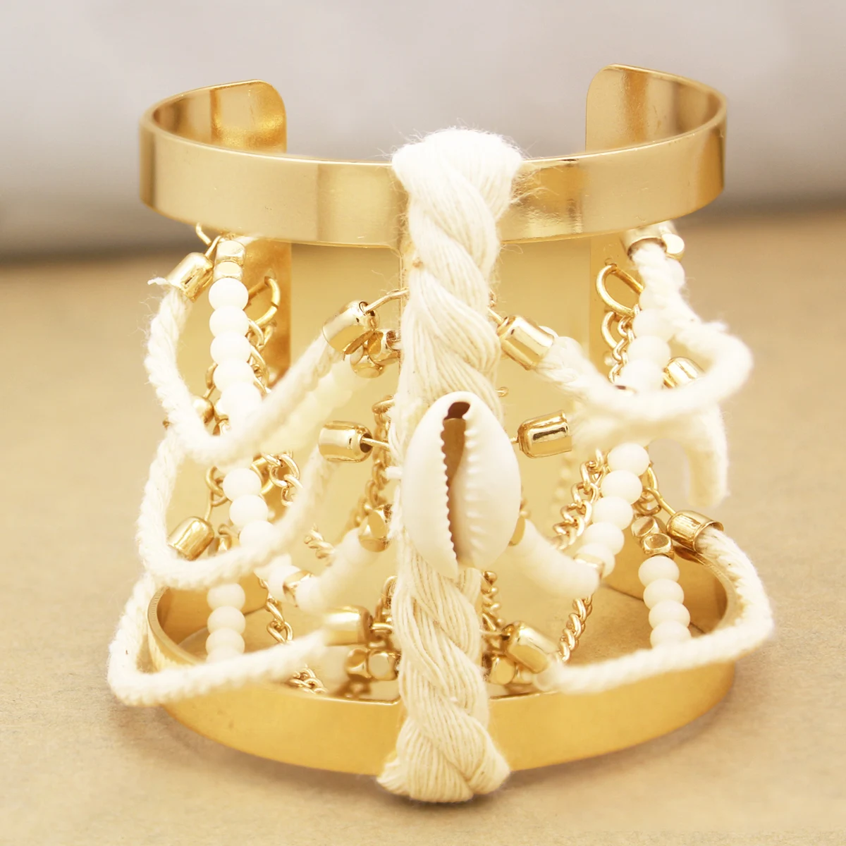 Широкий Плетеный Золотистый металлический Браслет манжета из ракушек и бусин