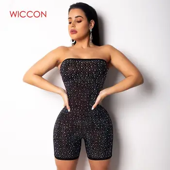 

2020 New Arrival Female Solid Slash Neck Sleeveless Sexy Women Crystal Jumpsuit Off Shoulder Shorts Trousers