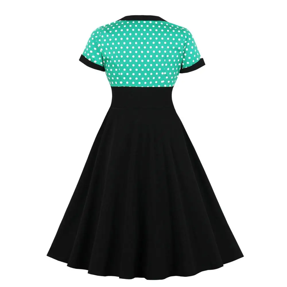 Polka Dot Printed Women Casual Dress Short Sleeve V Neck Green White Yellow 50s Big Swing Retro Vintage Rockabilly Party Dresses