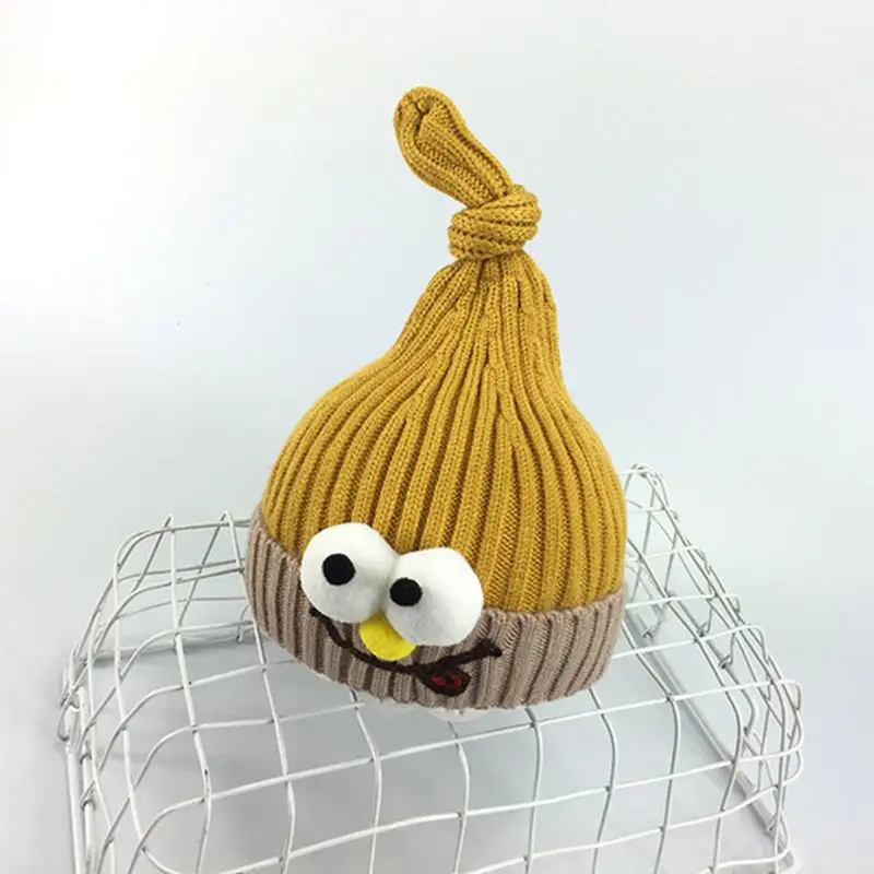 Korean Kids Toddler Knitted Hat Cartoon Big Eyes Contrast Color Kawaii Embroidery Baby Knotted Top Cuffed Beanie Cap 3-1