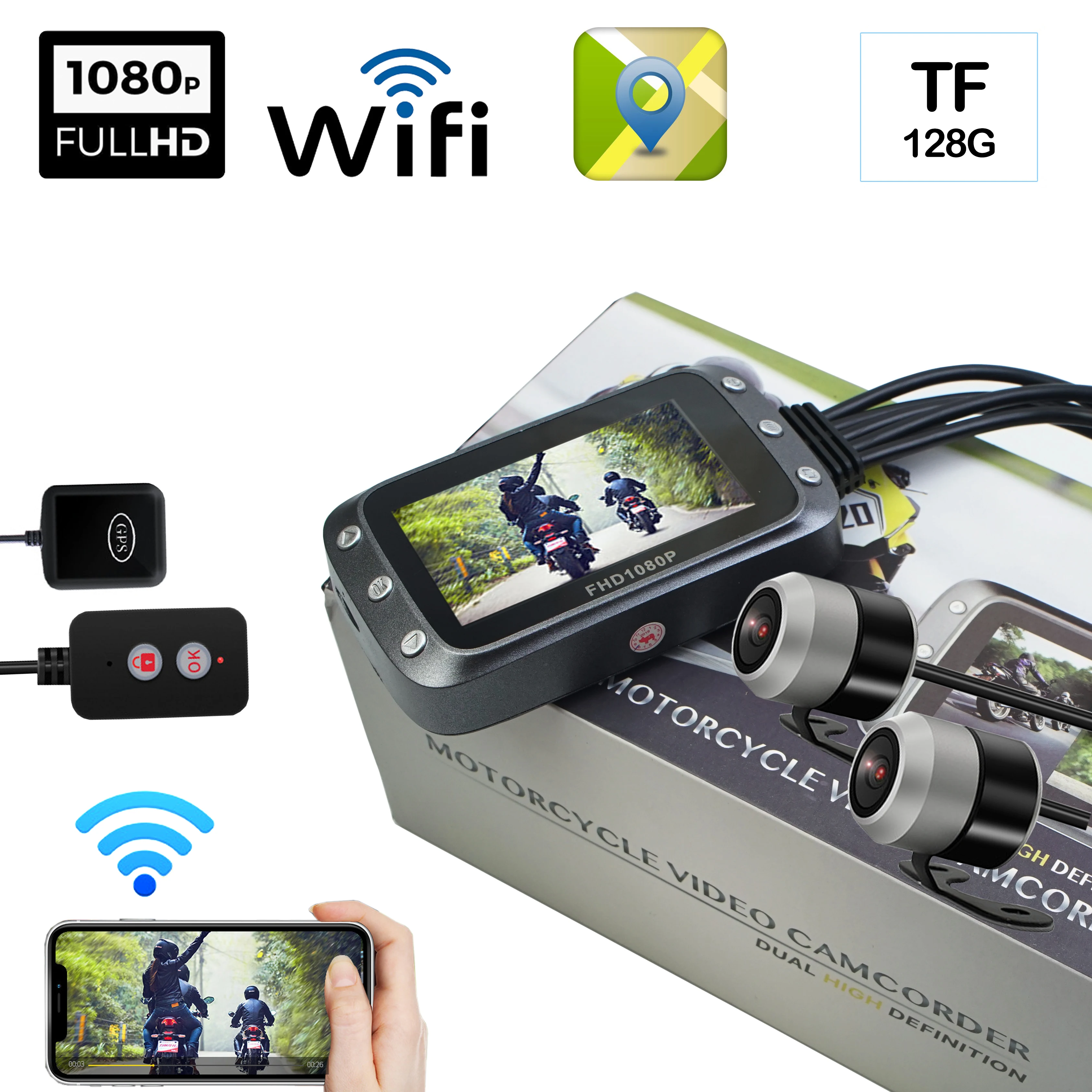 GPS Wi Fi 128G FHD 1080P камера мотоцикла 3 &quotDVR Передняя и задняя двойная видеорегистратор