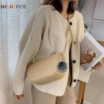 

Fashion Women Messenger Bag PU Leather Shoulder Pompom Pendant Solid Color Crossbody Handbag