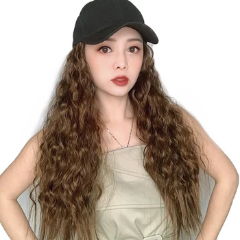 

Deep Wave Clip Hair Baseball Cap Detachable Cap Wool Curl Brown Wig Women Fashion Integrated Black Baseball Cap Long Hair Deep