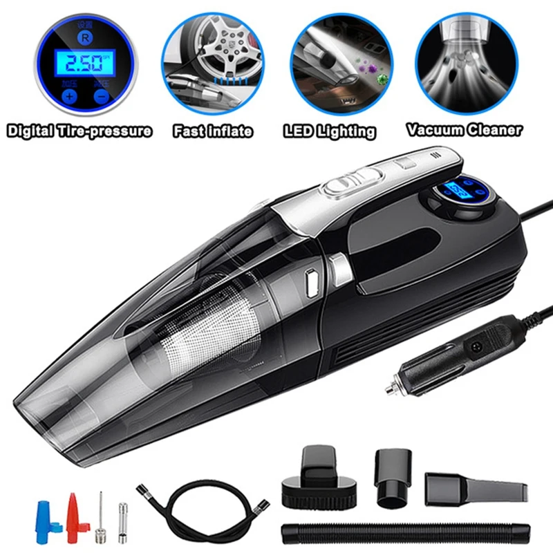 

4 In 1 Car Portable Wet/Dry Auto Vacuum Cleaner 12V 120W 4000Mpa With Smart Digital Tire Inflator Pump Pressure Gauge Led Light