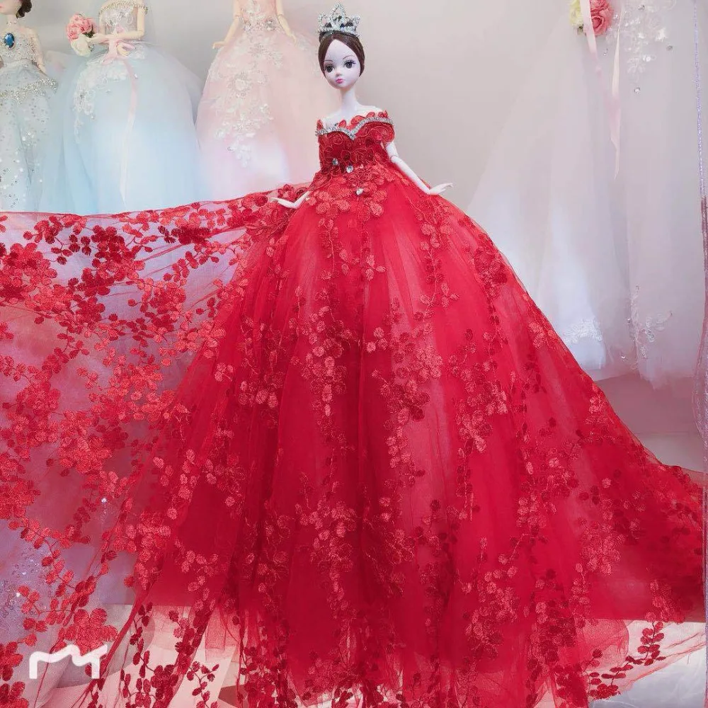 Red Large Doll High Quality Luxury Long Tail Soft Handmade Wedding Dress Lace Princess Girl Child Present Girl's Gift