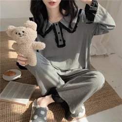 autumn spring sleepwear home suit houndstooth pajama set long sleeve peter pan collar blouse pants home service ruffles D010