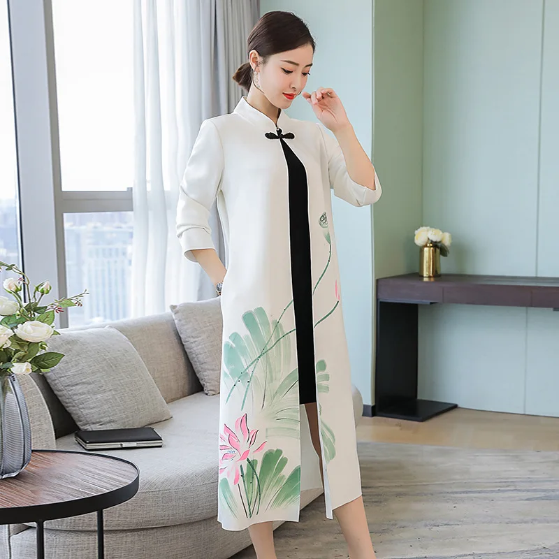 

2019 Autumn New Style Large Size Chinese-style Retro Cardigan Mid-length Frog Stand Collar Hand-Painted Printed Trench Coat