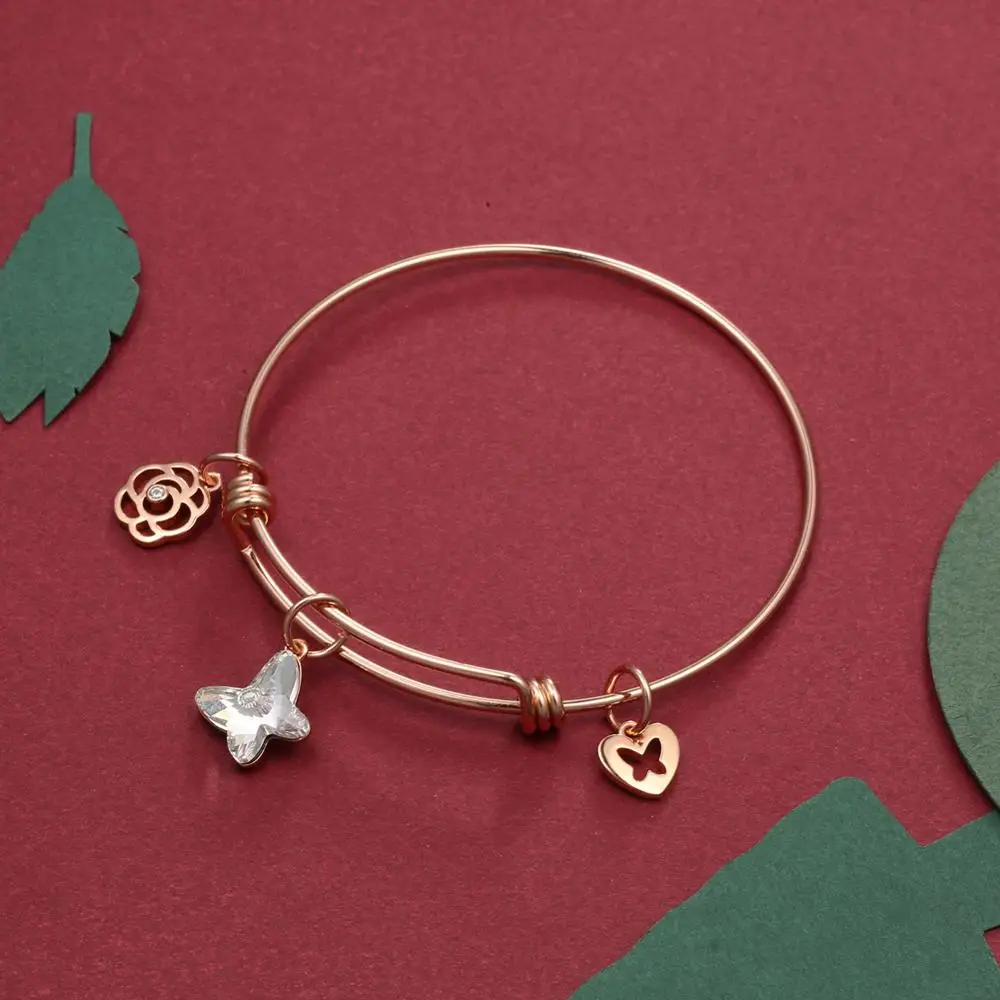 Bohemian Heart Flower Beads Bangle Bracelet DIY Jewelry Rose Gold Color Crystal Bowknot Hand Pulsera For Women Girls Gift