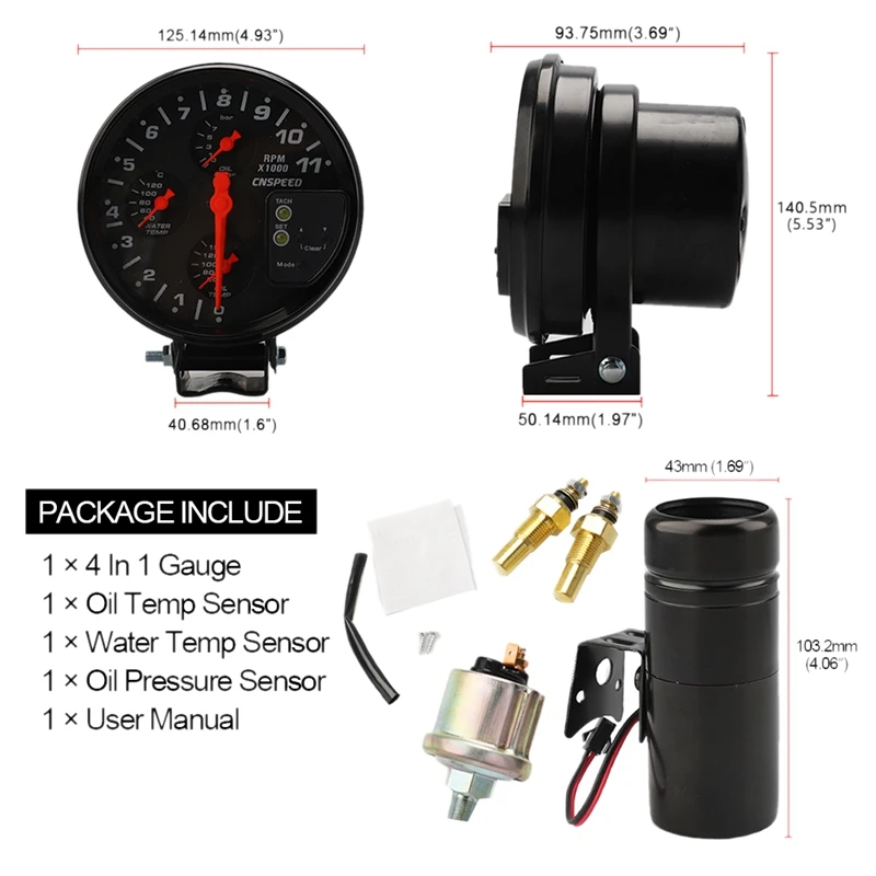 5inch 4 in 1 12V Racing Car Tachometer Rpm Gauge Meter Water Temp Oil Temperature Oil Pressure Gauge Meter Shift Light Sensor