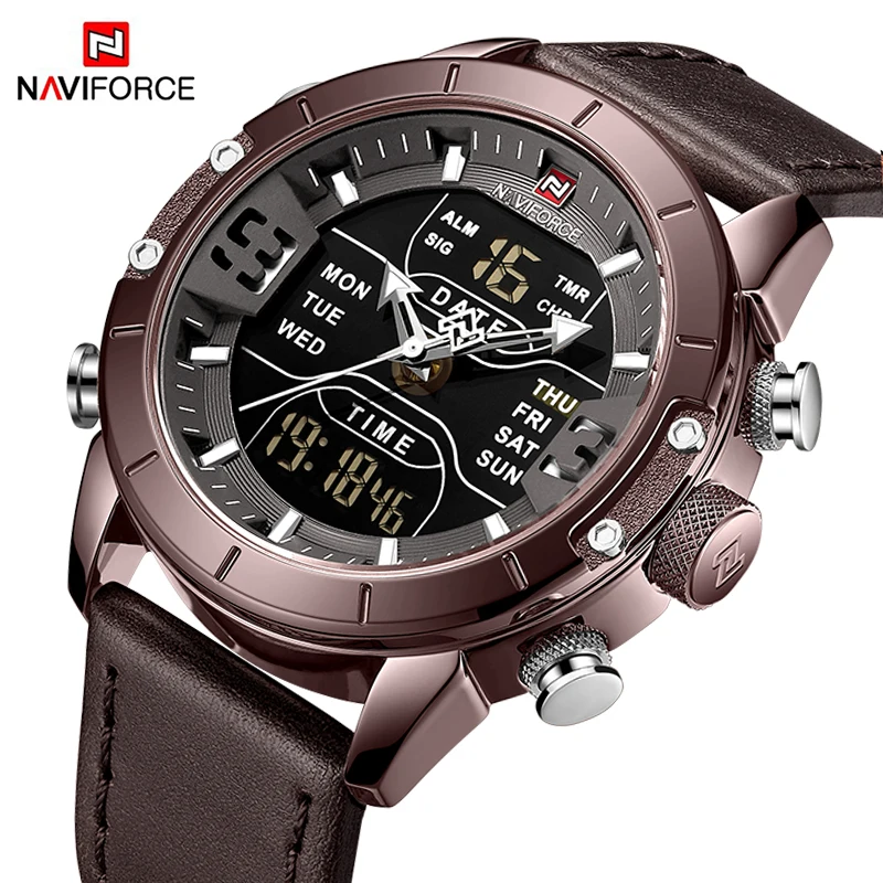 

Luxury NAVIFORCE Watch Men Military Sport Leather strap Wristwatch Mens Waterproof Led Digital Quartz Clock Relogio Masculino