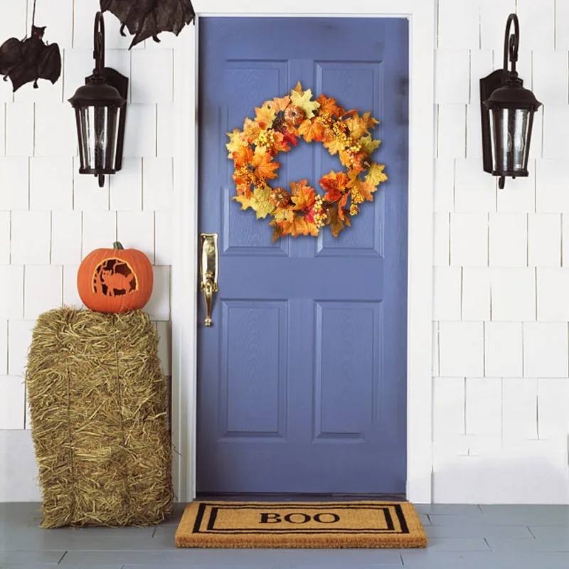 Artificial Maple Leaves Wreath With Pumpkin Berries Fall Harvest Thanksgiving Holiday Front Door Wall Hanging Garland 20-Inch