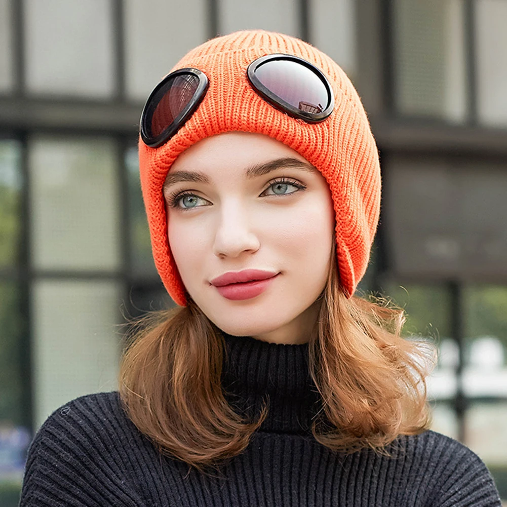 Wool Knitted Goggles Beanie Sports Cap Leisure Thermal Warm Autumn Winter Hat Heat Keeper Ear Snow Cold Protector