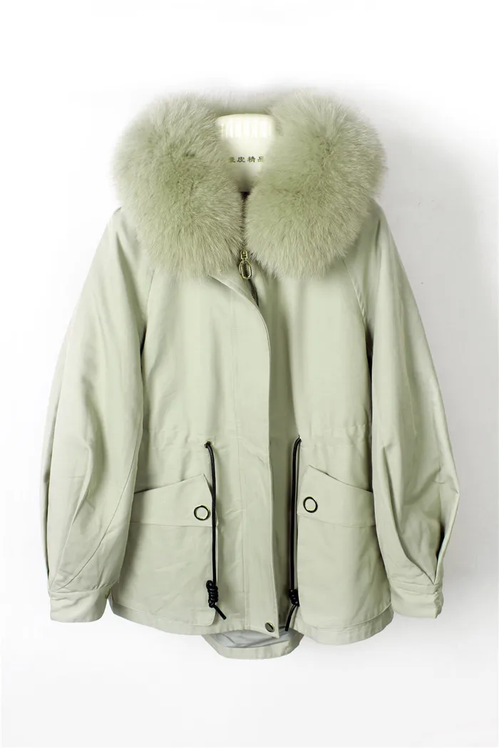 Back flowers embroidery letter real fur parka coat women thick rabbit fur lined short winter jacket real fox fur collar hood
