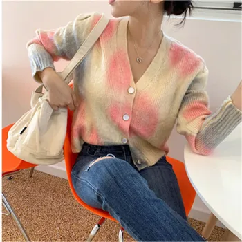 

Sweater Women Autumn Winter Korean Style Chic Rainbow Kint Mohair V-neck Long-sleeved Warm Carigans for Casual Lady 2020 A5017