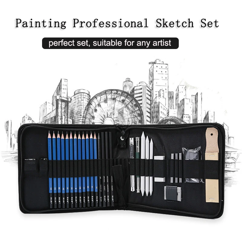 Conjunto de Lápis de Carvão Kit de Arte Profissional com 32 Peças