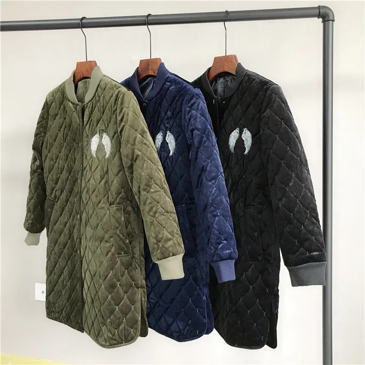 

Important! Upper Body Have-Style! Velvet Embroidered Diamond Lattice Baseball Collar Mid-length Cotton Overcoat Woman Cotton Dre
