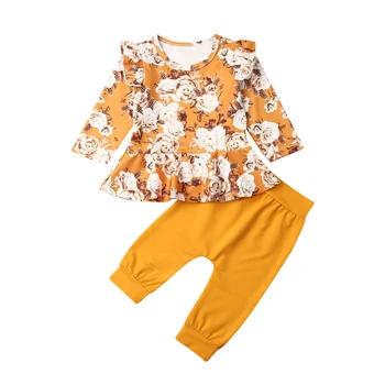 

2pcs Fall Autumn Set Newborn Baby Girl Ruffle Floral Clothes Long Sleeve Tops Pants Yellow Spring Set Outfit
