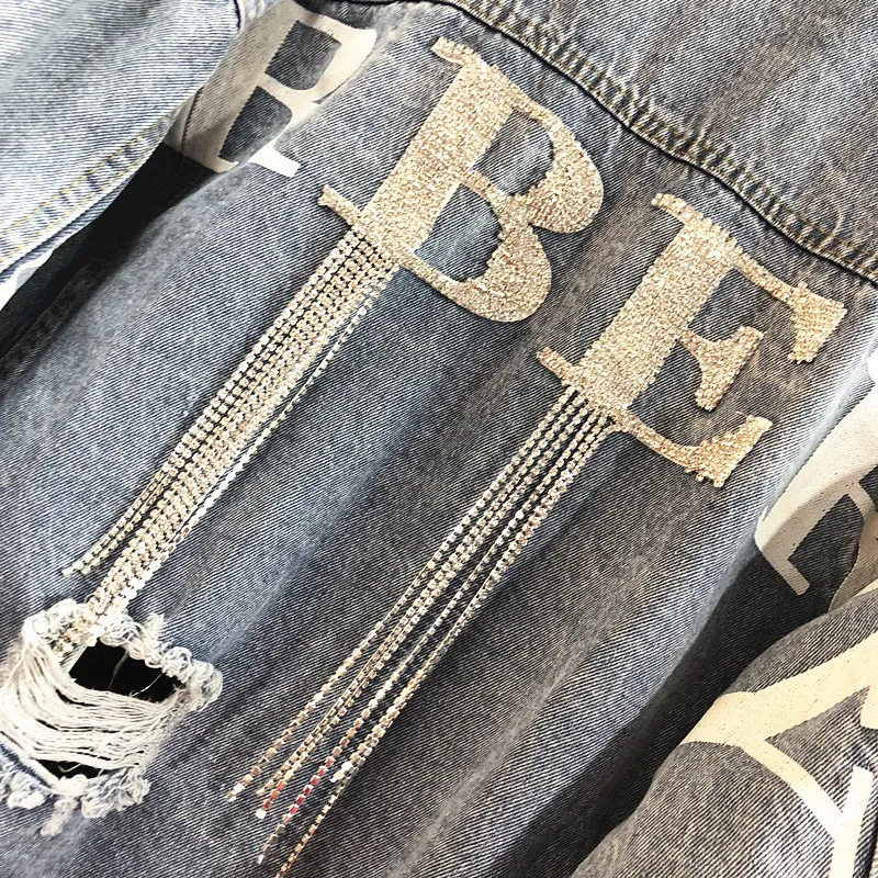 Осеннее Новое джинсовое короткое пальто с бусинами и цепочками, Женская мода, уличная рваные джинсовые куртки с бриллиантами, верхняя одежда