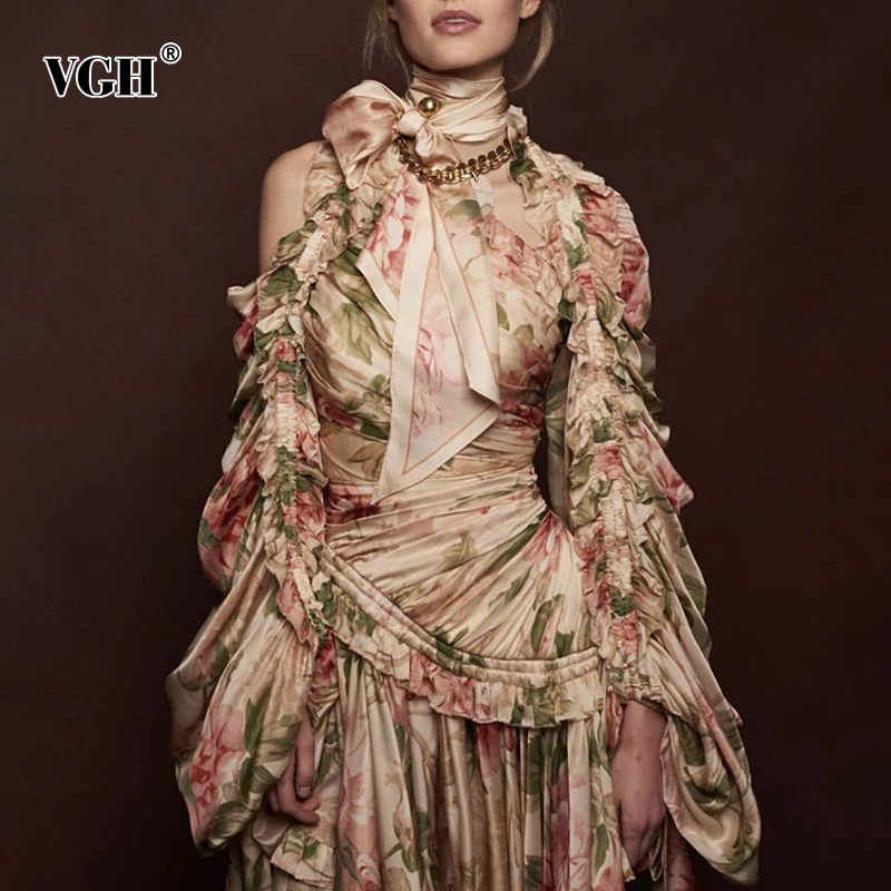 

VGH Pleated Ruffle Irregular Women's Dress Halter Lantern Sleeve Drawstring High Waist Mini Dresses Female 2019 Fashion New