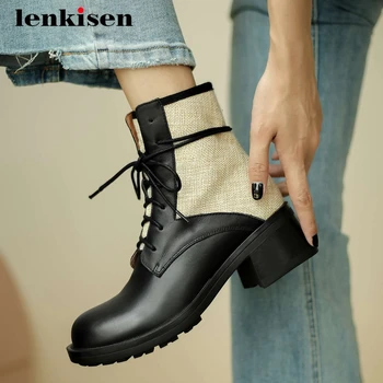 

Lenkisen simple style genuine leather mixed colors all-match round toe thick med heel lace up gentlewomen dress ankle boots L63