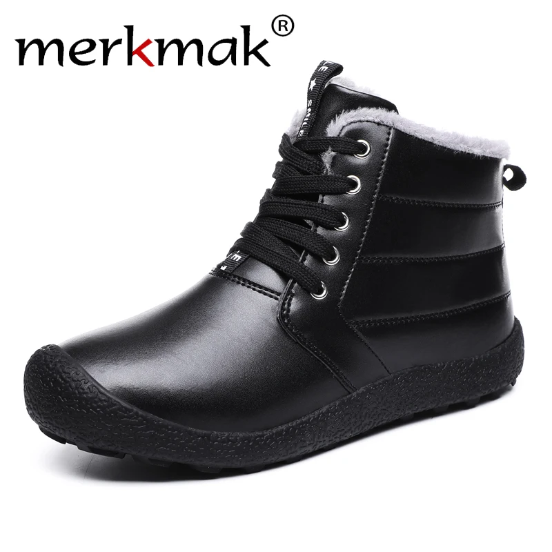 

Merkmak 2019 New Winter Men Shoes Fashion Lace-up Non-slip Snow Boots Warm High Top Ankle Booties Men PU Leather Boots Plus Size