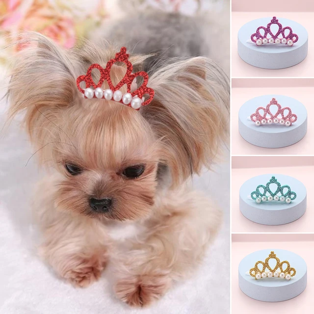 Pet Small Dogs Faux Pearl Crown Shape Bows Hair Clips Head Decoration For Pets 1