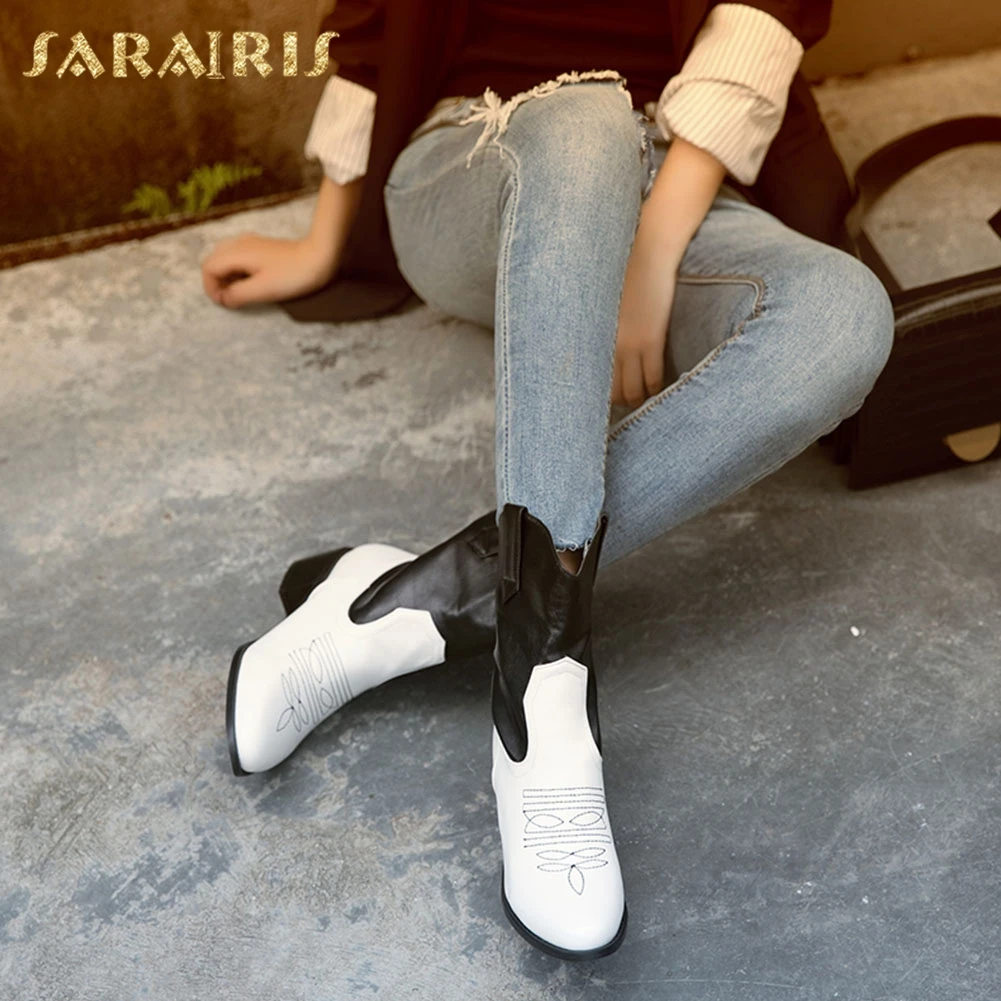 

Sarairis Size 43 New Fashion dropship Hot 2020 Chunky Heels Mid Calf Boots Women Shoes Woman Slip On Autumn Shoes Woman Boots