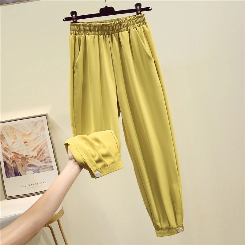 

Spring Summer Fashion Women Elastic Waist Harem Pants Loose Ankle-length Chiffon Pants all-matched Casual Yellow Pants D359