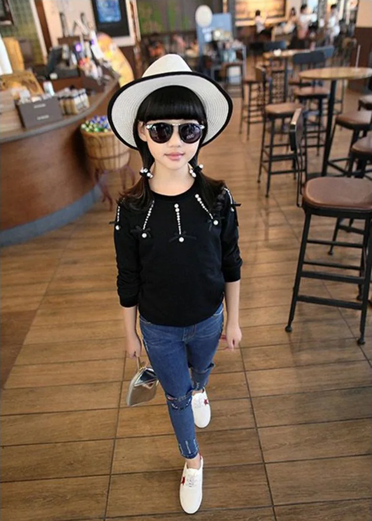 Fashion Girl Jeans Cartoon Cat Print Skinny Hole Pants for 3-11Y