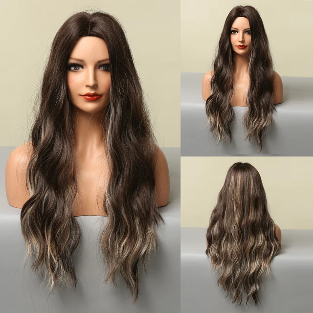 HENRY MARGU Long Black Brown Body Wave Synthetic Wigs Heat Resistant Natural Cosplay Wigs for Women Middle Part Hair Wigs LC5305-1
