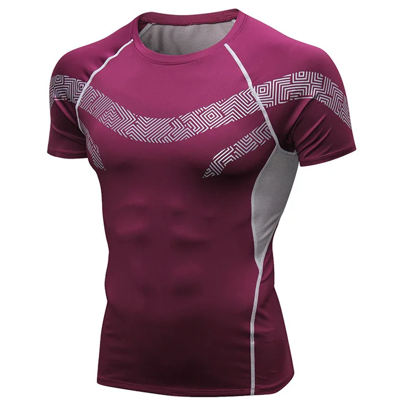Для мужчин футболки быстросохнущая облегающая фитнес бег футболки рубашки с коротким рукавом топы Спортзал Бодибилдинг для фитнеса, с круглым вырезом, футболка - Цвет: Red wine