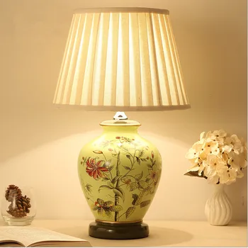 

New Chinese style green flower ceramic Table Lamps warm Touch/Dimmer switch fabric E27 LED lamp for bedside&foyer&tea room MF044