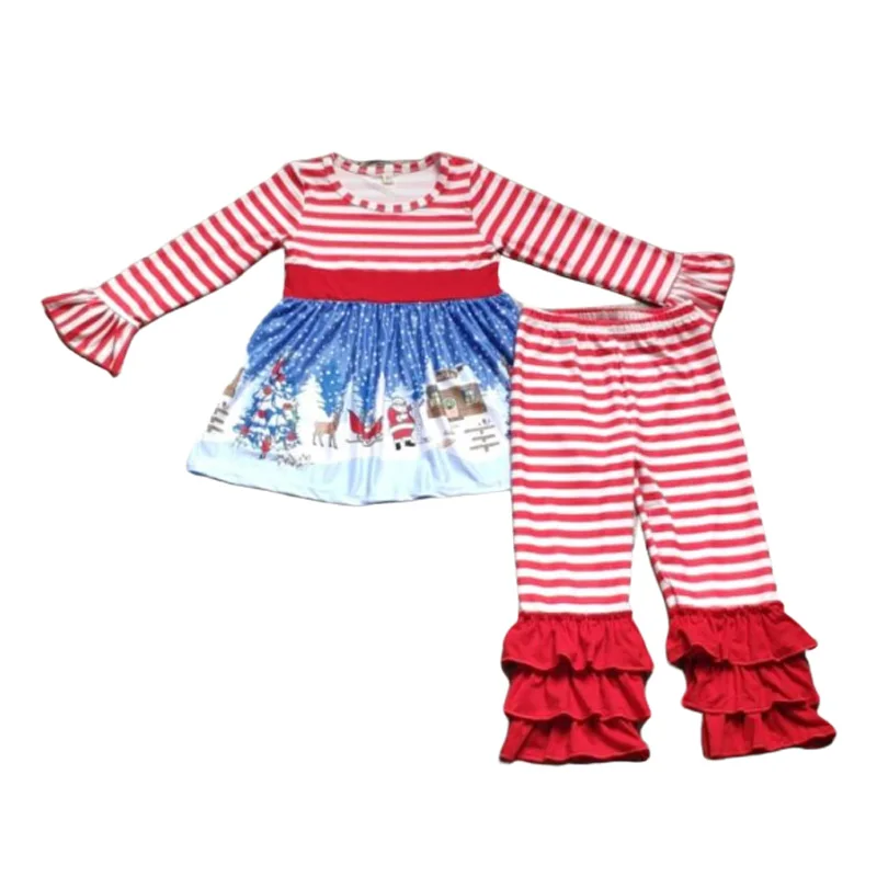 

Cute baby girls Christmas Style long Ruffle sleeve Outfit Stripe Santa And Snowman Print Clothing Sets