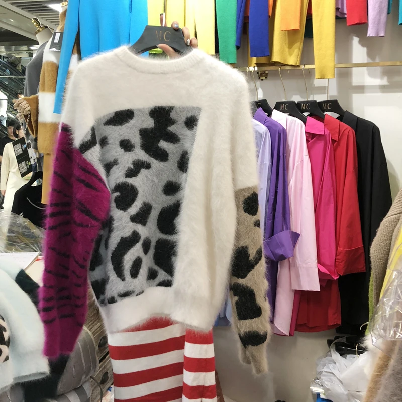 Осенне-зимний модный Леопардовый плотный теплый пуловер в стиле пэчворк, свободный кашемировый женский свитер с длинным рукавом - Цвет: Белый