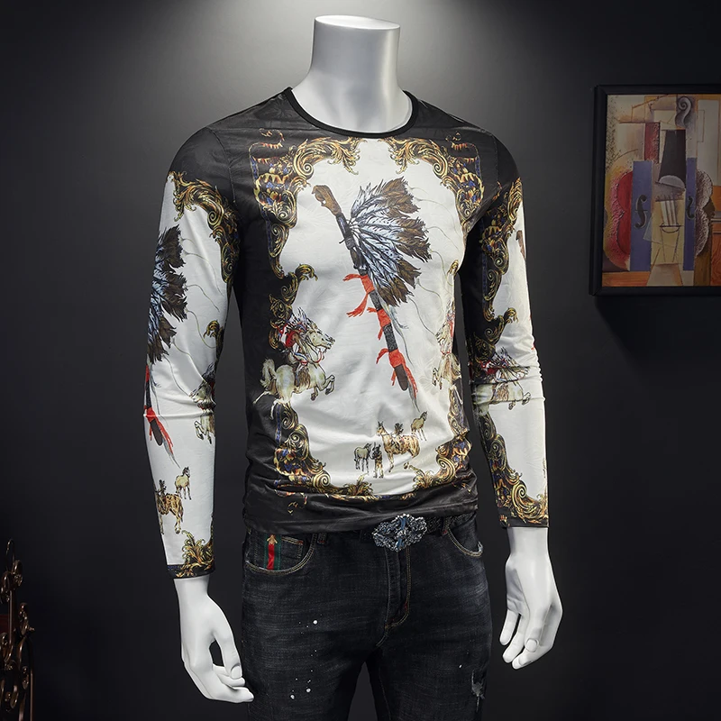7 xl big yards qiantang 3025 19503 P40 fall social printing long sleeve men T-shirt male round collar
